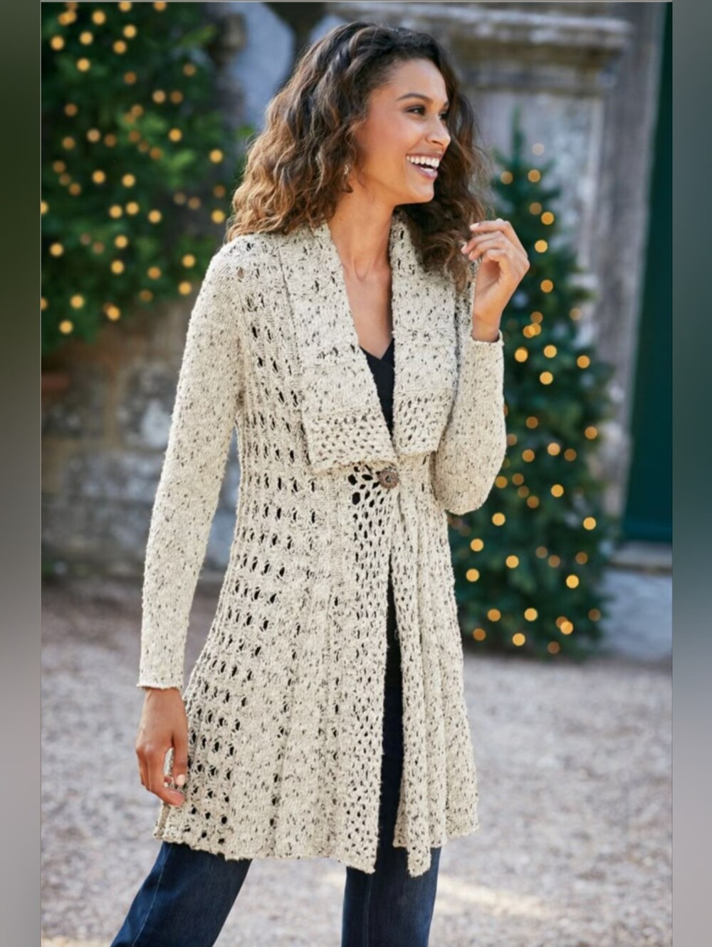 Soft Surroundings Cardigan Womens Teressa Duster Crochet Loose Knit Sz PXS